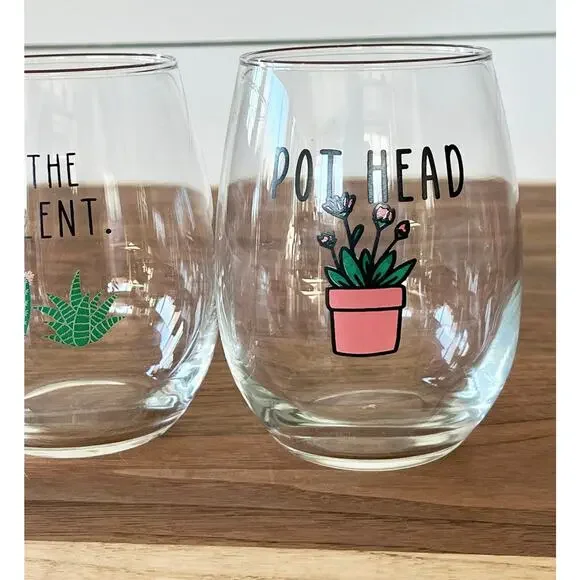 2 Funny Stemless Wine Glasses: Plant Lover Gift Set-What the Fucculent/Pot Head